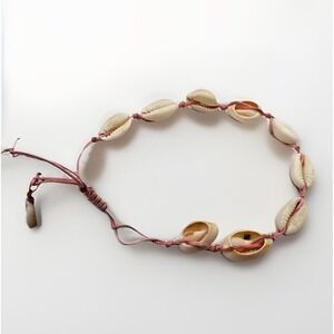 Vintage Y2K Pink Cord Cream Cowrie Shell Knotted Bracelet Nautical Jewelry